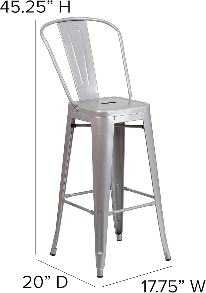Flash Furniture Lily Commercial Grade 4 Pack 30" High Silver Metal Indoor-Outdoor Barstool with Removable Back