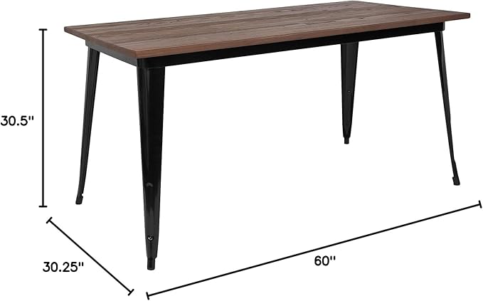 Flash Furniture Kenneth 30.25" x 60" Rectangular Black Metal Indoor Table with Walnut Rustic Wood Top