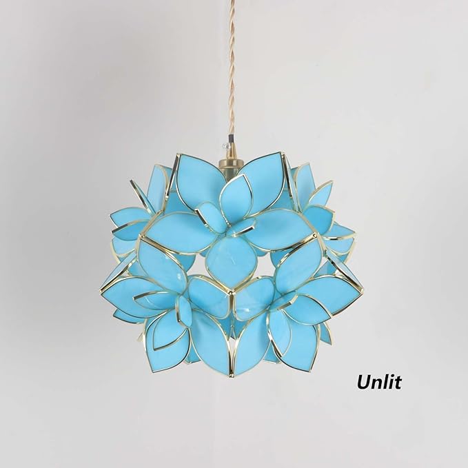 Bieye L11027 Petals Tiffany Style Stained Glass Ceiling Pendant Light for Home Decoration (Sky Blue, 12" Rose Lily)