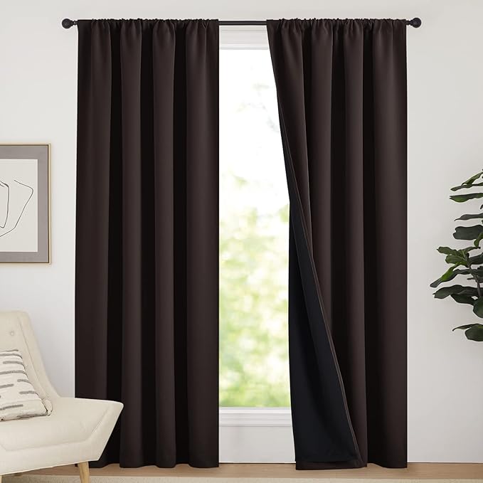 NICETOWN Cold Reducing Thermal Curtains, Full Blackout Curtains 84 Inches Long for Dining Room, Soundproof Window Treatment Drapes for Hall Room, Brown, 52 inches Wide Per Panel, Set of 2 Panels