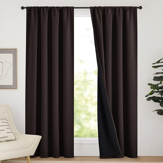 NICETOWN Cold Reducing Thermal Curtains, Full Blackout Curtains 84 Inches Long for Dining Room, Soundproof Window Treatment Drapes for Hall Room, Brown, 52 inches Wide Per Panel, Set of 2 Panels