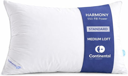 Continental Bedding Harmony White Goose Down Pillow 550 Fill Power Medium Loft 100% Cotton 300 Thread Count Shell Standard Size 1 Pack Made in USA