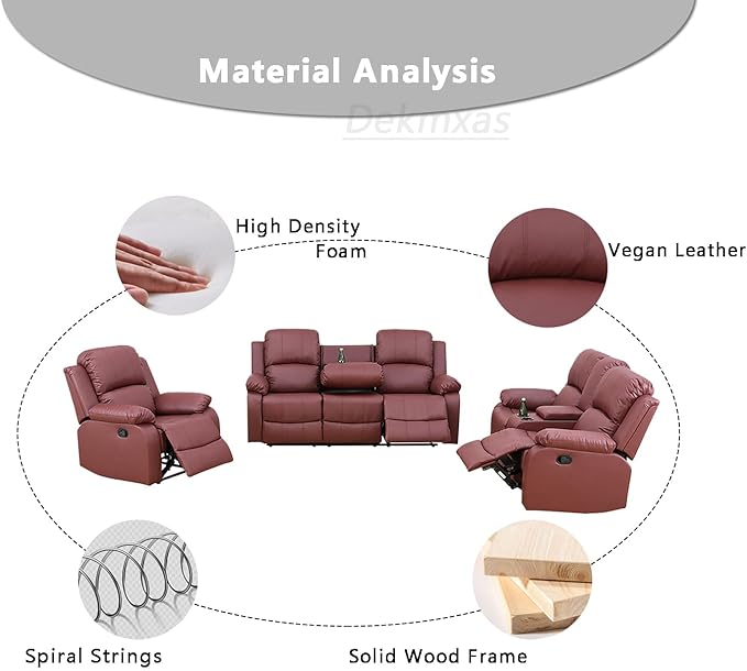 3PCS Leather Reclining Sofa Set Modern Recliner Couch Living Room Furniture Sets Manual Reclining Sofa Set with Cup Holders/Storage Console/Drop-Down Table for Home/Office (Red,3PCS)
