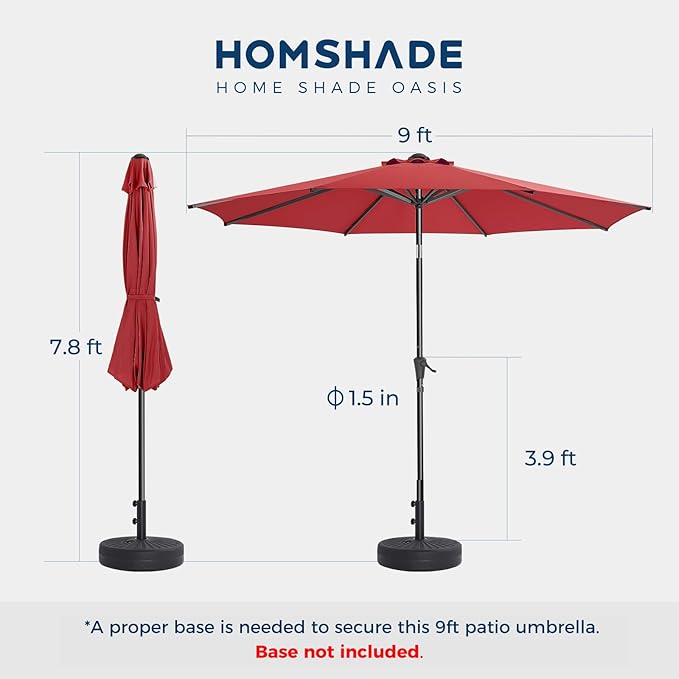 HOMSHADE Outdoor Patio Umbrella - Market Table Pool Deck Umbrella with Push Button Tilt, Crank, UPF50+ UV Protection and Sturdy Ribs, 3-Year Fade Resistance, 220GSM Solution-Dyed Fabric (No base)