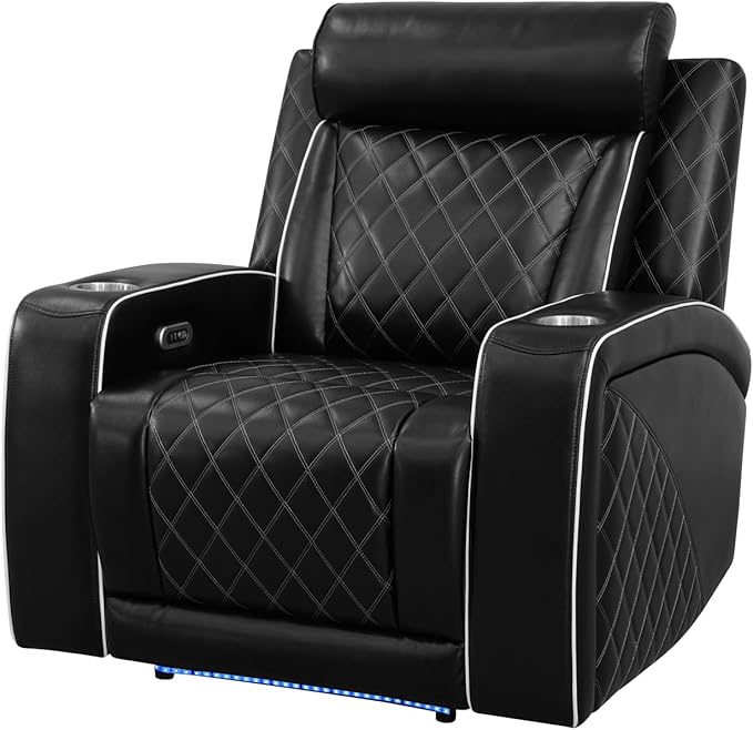 Power Recliner Chair for Living Room, Air Leather Reclining Chair with LED Lighting&USB for RV (Black)