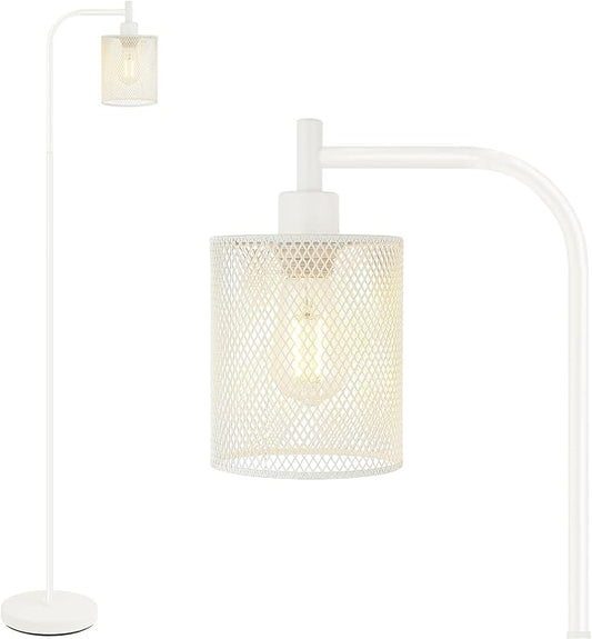 BoostArea White Industrial Floor Lamp, 67 Inch Modern Standing Lamp with Iron Mesh Lampshade, 6W LED Stand Up Lamp for Living Room, Bedroom, Office, Den