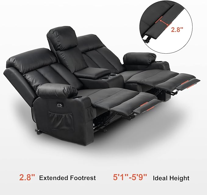 MCombo Loveseat Recliner with Console, Heat and Massage, Power Reclining Sofa for Living Room, Faux Leather 6095 (Black, Loveseat Recliner with Console)