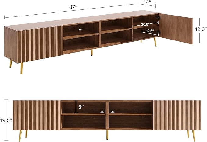 Modern 86in TV Stand for Living Room, Fluted Design Entertainment Center with Adjustable Shelves,Media TV Console Table with Storage for Bedroom,Walnut