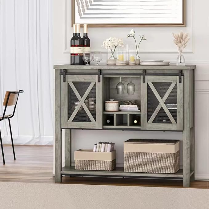 Bar Cabinet, Farmhouse Buffet Storage Cabinet with Wine Glass Rack, Wood Coffee Bar Table Kitchen Sideboards and Buffets with Barn Door, Liquor Cabinet Bar for Home, Dinning, Living Room