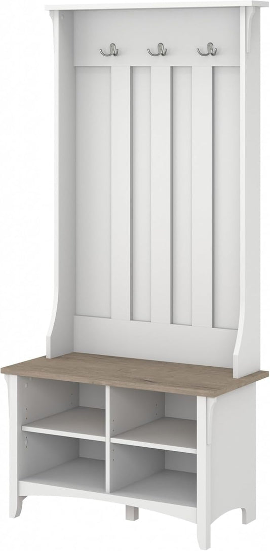 Bush Home Salinas Hall Tree with Shoe Storage Bench in Shiplap Gray and Pure White, Multi-Purpose Home Organizer, Entryway Solution with Seating and Hooks