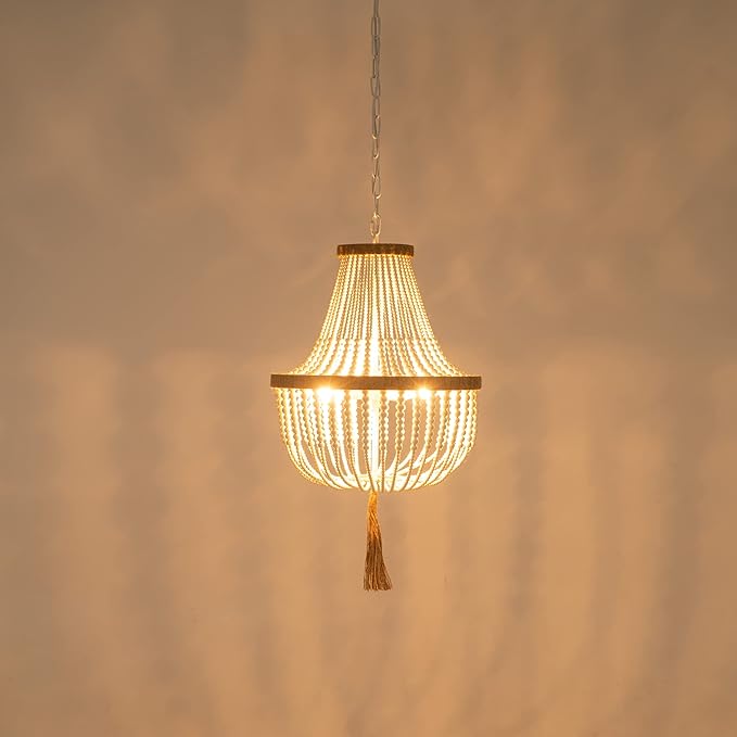 4 Lights Wood Beaded Farmhouse Chandelier with Tassels Bohemia Antique Rustic Pendant Light for Bedroom Kitchen Island Dining Living Room Foyer, White, Dia 17 Inch