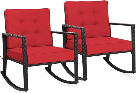 Tangkula Wicker Rocking Chair, Outdoor Glider Rattan Rocker Chair with Heavy-Duty Steel Frame, Patio Wicker Furniture Seat with 5” Thick Cushion for Garden, Porch, Backyard, Poolside (2, Red)