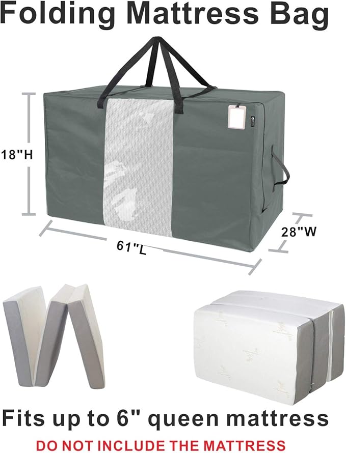 HYPER VENTURE Folding Mattress Storage Bag - Durable Carry Case Fits for Tri-Fold Up to 6 inches Queen Mattress, Grey