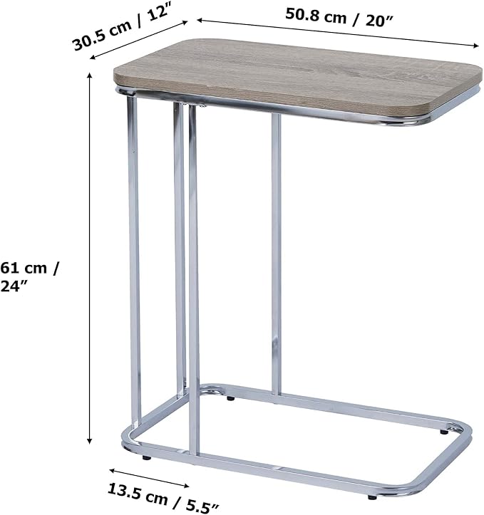 Teamson Home Cora 20 Inch C-Table TV Tray End Side Table with Wood Grain Finish Tabletop and Reflective Silver Metal Frame and Base, Brown