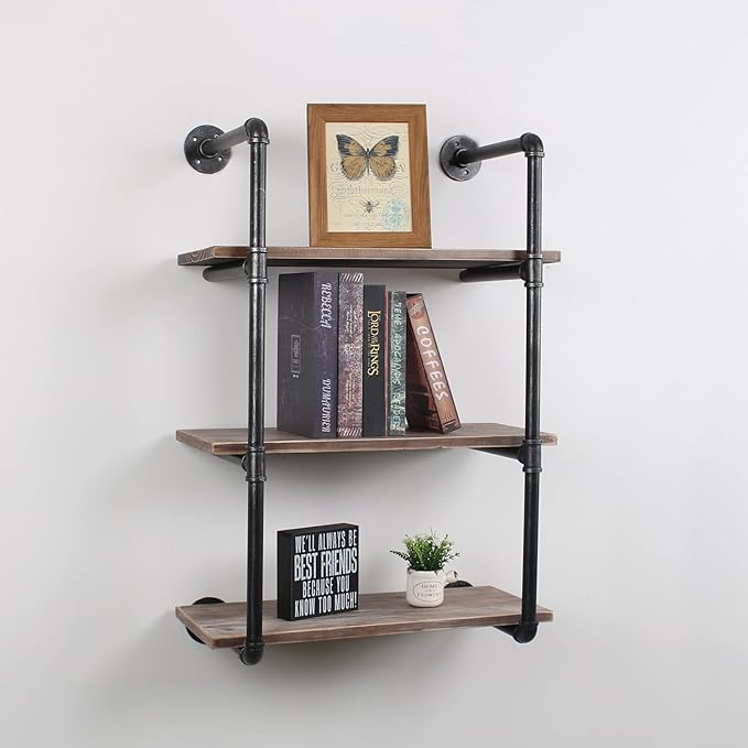 MBQQ Industrial Pipe Shelving Wall Mounted,30in Rustic Metal Floating Shelves,Steampunk Real Wood Book Shelves,Wall Shelf Unit Bookshelf Hanging Wall Shelves,Farmhouse Kitchen Bar Shelving(3 Tier)