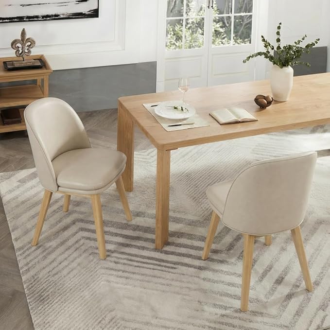 Wooden Dining Chairs Set of 4, Faux Leather Upholstered Modern Dining Room Chairs with Double-Layer Thick Seat Cushion & Ergonomic Backrest for Restaurant, Kitchen and Café, Beige, 2 Boxs