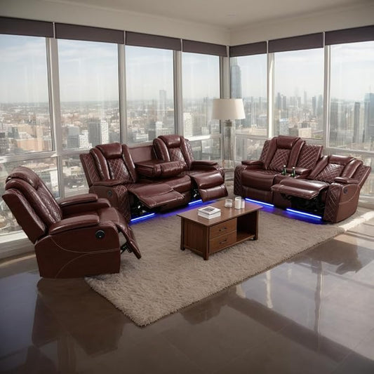 Power Recliner Sofa Set for Living Room, Leather Reclining Sofa Sets with Storage Console, Living Room Furniture Sets with LED Lights(Sofa, loveseat and Chair,Wine)