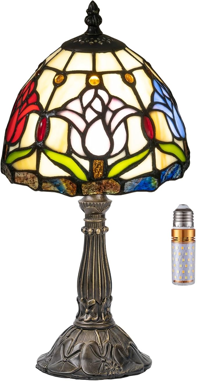 Tiffany Style Lamp,3 Color-Temperature Flower Stained Glass Lamp,8 Inch Tiffany Table Lamp for Bedroom Living Room Home, Handcrafted Light, Included Bulb