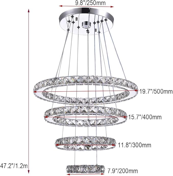 LED Chandeliers, Modern Crystal Chandelier Dining Room Living Room LED Ceiling Pendant Light 4 Rings Adjustable Stainless Steel Contemporary Chandeliers (4r Cool White)
