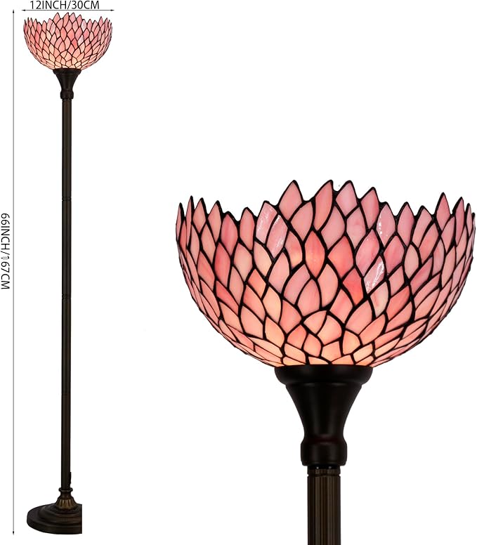 WERFACTORY Tiffany Floor Lamp Pink Stained Glass Wisteria Light 12X12X71 Inches Pole Torchiere Standing Corner Torch Uplight Decor Bedroom Living Room Home Office S523P Series