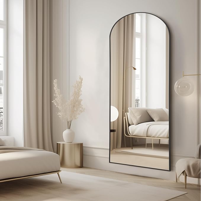 MELOMOIR Arched Full Length Mirror, 56"x18" Floor Mirror, Free Standing Mirror Leaning or Hanging, for Living Room Bedroom Cloakroom Hallway, Thin Aluminum Frame, Black