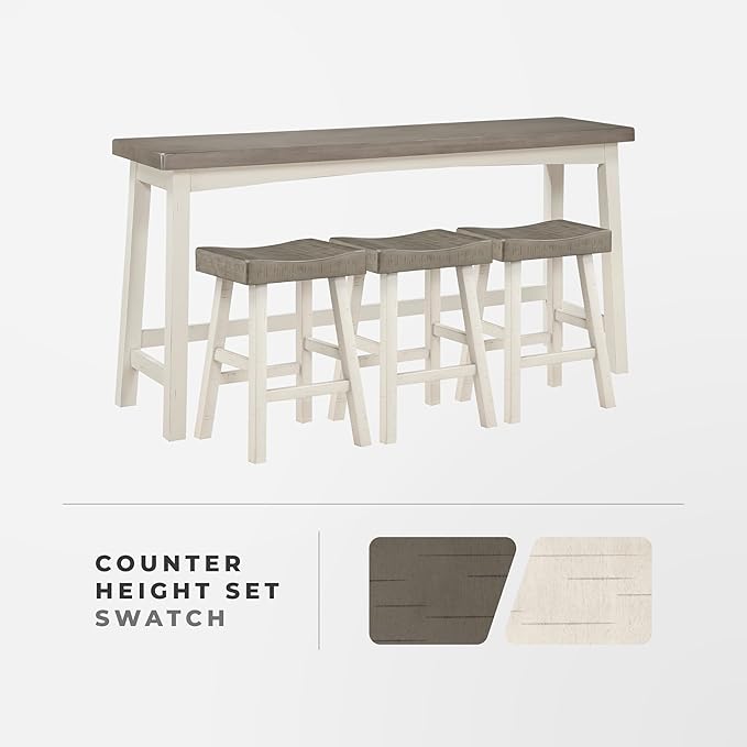 Lexicon Bar Table Set for 3, Small Kitchen Table Set Kitchen Island Table with 3 Saddle Bar Stools, 4 Piece Dining Table Set for Breakfast Nook, Living Room, Apartment, Counter Height, White/Coffee