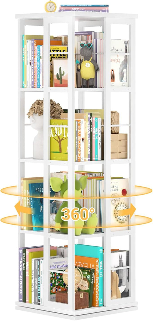 Aheaplus Rotating Bookshelf, 4-Tier Corner Bookshelf, 360 Display Wood Spinning Bookshelfs, Floor Standing Bookcase Narrow Shelf Revolving Organizer Storage Rack for Small Space, Study Room, White