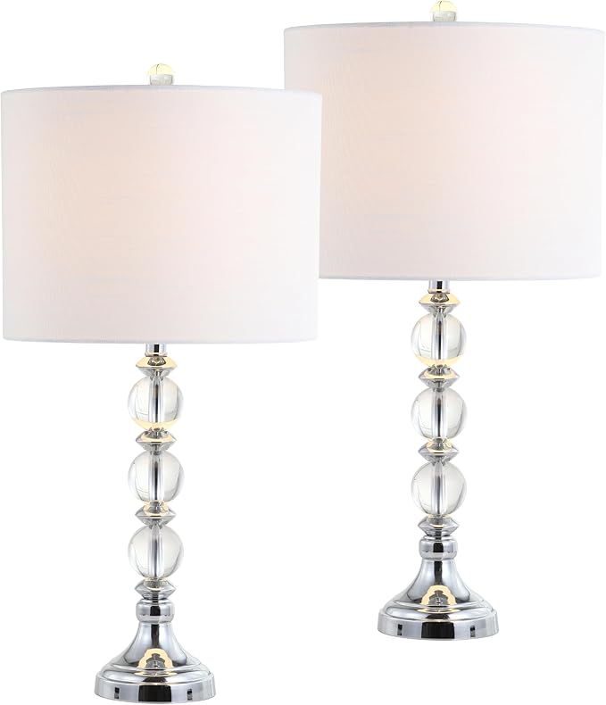 JONATHAN Y 26" Clear/Chrome Crystal LED Table Lamp Set of 2, Transitional Faceted Glass and Metal Nightstand Lamps with White Linen Drum Shade, LED Bulbs Included JYL5041A-SET2