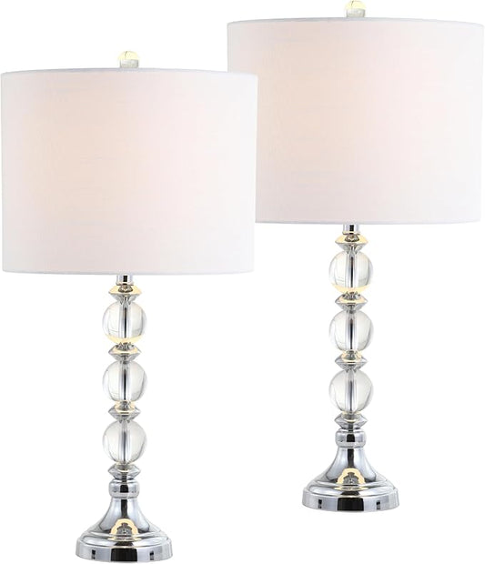 JONATHAN Y 26" Clear/Chrome Crystal LED Table Lamp Set of 2, Transitional Faceted Glass and Metal Nightstand Lamps with White Linen Drum Shade, LED Bulbs Included JYL5041A-SET2