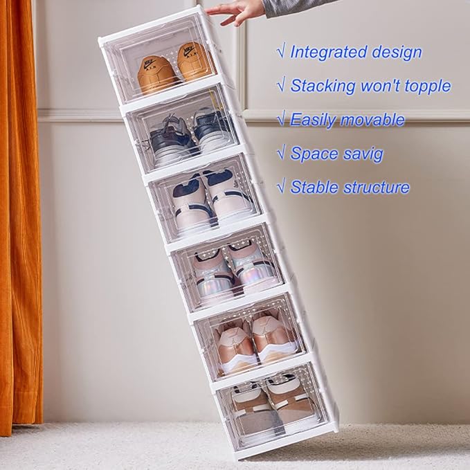 Shoe Rack Shoe Storage Box Bins Clear Collapsible Plastic Installation-Free Size up to 14, Stackable Foldable Tote with Lids Organizing Dustproof 6-Tiers