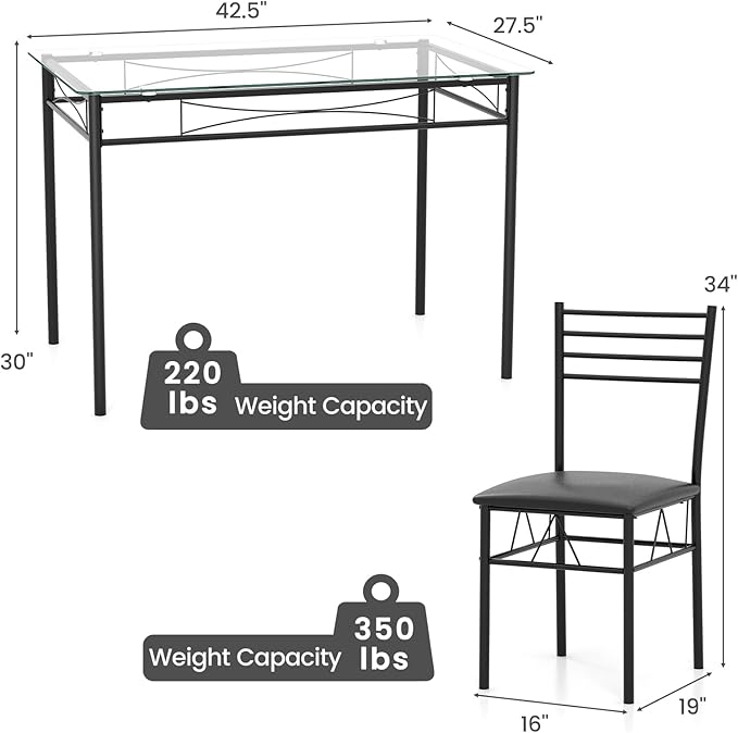 NAFORT 5-Piece Dining Table Set for 4, Modern 3/8'' Tempered Glass Kitchen Room Table with 4 Upholstered Dining Chairs, Space-Saving Dinette Tables with Metal Frame for Apartment, Office