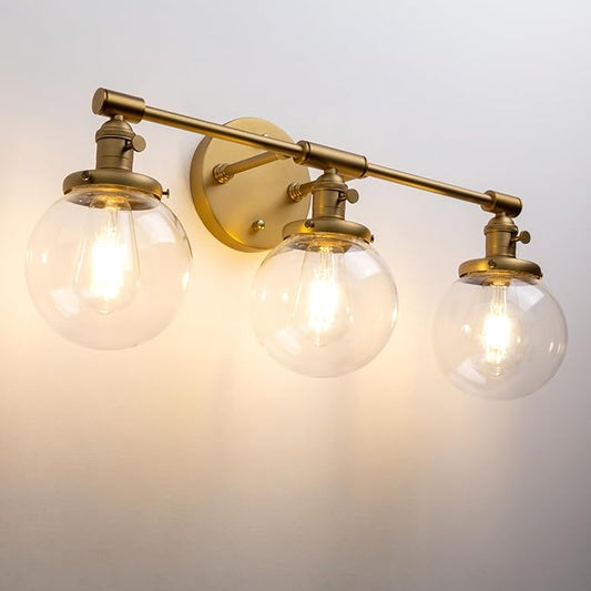 PERMO Bathroom Vanity Light Vintage 3 Light Wall Sconces with 5.9" Round Clear Glass Globe Shade (Antique Gold)