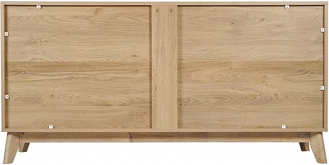 Flash Furniture Hatfield Mid-Century Modern 4 Door Storage Buffet - Light Natural Sideboard - 60 Inches - Soft Close Doors - Adjustable Shelves - Holds up to 64" TV's