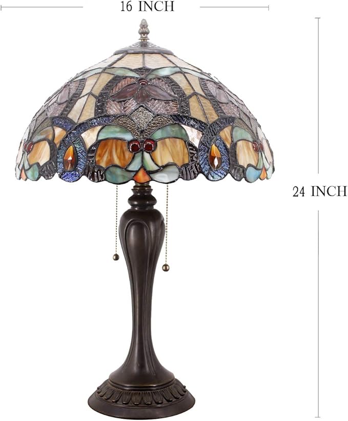 WERFACTORY Tiffany Table Lamp Orange Stained Glass Bedside Lamp 16X16X24 Inches Desk Reading Light Resin Base Decor Bedroom Living Room Home Office S617 Series