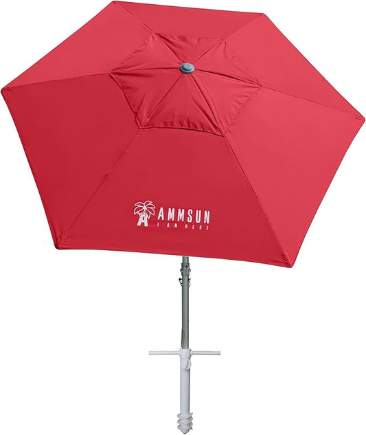 AMMSUN 8ft Large Beach Umbrellas for Sand Heavy Huty Wind Portable Commercial Grade Patio Beach Umbrella with Sand Anchor Adjustable Height Air Vent UPF 50+ Telescoping Pole without tilt Red