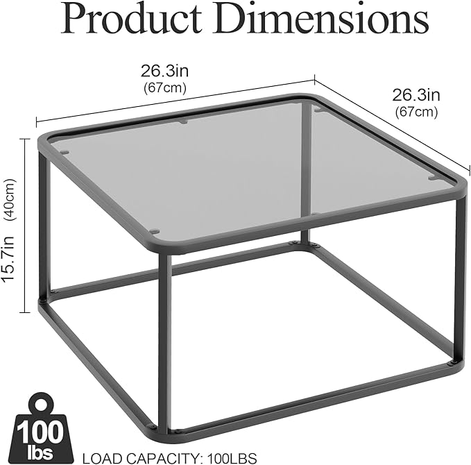 Coffee Table Glass, Minimalist Square Tables for Living Room, Modern Center Table for Office or Small Space, Sturdy Metal Frame, Easy Assembly, 26.4 x 26.4 x 15.7 Inches, Black & Grey Glass