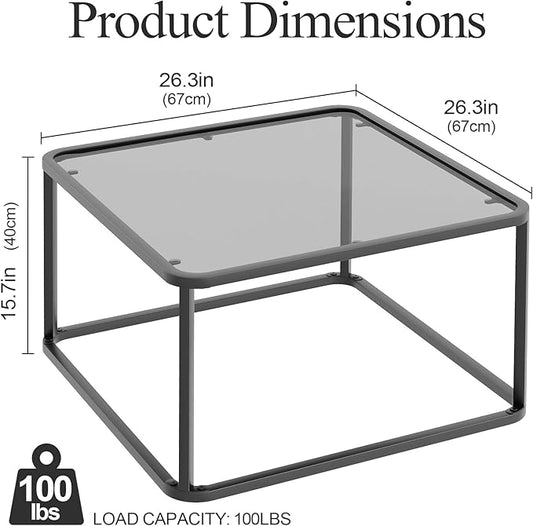 Coffee Table Glass, Minimalist Square Tables for Living Room, Modern Center Table for Office or Small Space, Sturdy Metal Frame, Easy Assembly, 26.4 x 26.4 x 15.7 Inches, Black & Grey Glass