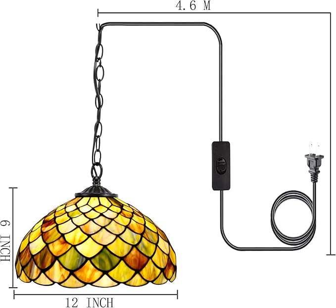 Tiffany Pendant Light Plug in 12 Inch Brown Fish Scales Stained Glass Hanging Lamp with Chain 33 Inch, Cord 15 Feet