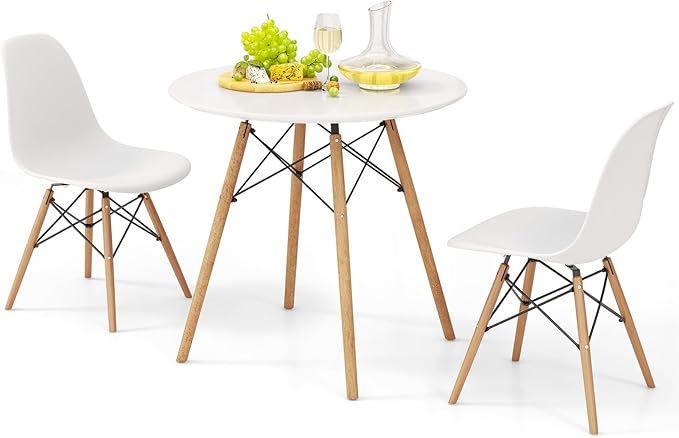 Giantex 3-Piece Dining Table Set, Modern Round 31.5" D Dining Table & 2 DSW Chairs W/Solid Wood Legs, Home Furniture Set for Small Spaces Dining Room Kitchen Restaurant, White