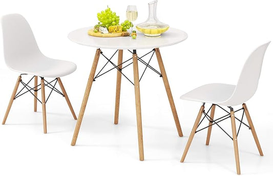 Giantex 3-Piece Dining Table Set, Modern Round 31.5" D Dining Table & 2 DSW Chairs W/Solid Wood Legs, Home Furniture Set for Small Spaces Dining Room Kitchen Restaurant, White