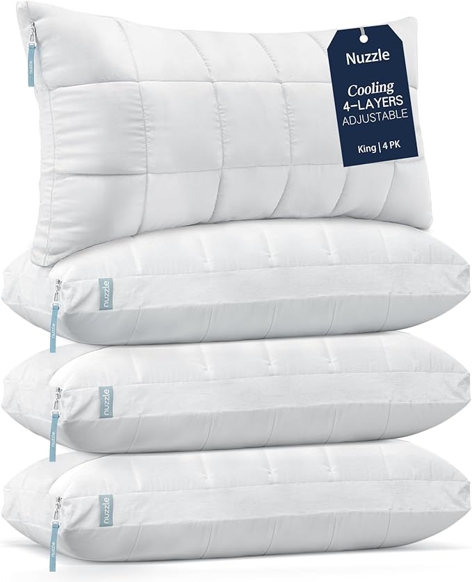 Nuzzle King Size Pillows Set of 4 Adjustable Firm Pillows, Luxury Hotel Collection Bed Pillows – Best Adjust Height Soft Cooling Pillows for Back, Stomach and Side Sleepers