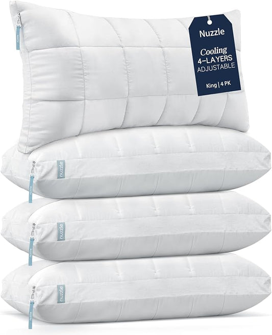Nuzzle King Size Pillows Set of 4 Adjustable Firm Pillows, Luxury Hotel Collection Bed Pillows – Best Adjust Height Soft Cooling Pillows for Back, Stomach and Side Sleepers