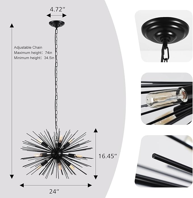24in Black Sputnik Chandelier Light Fixture Over Table Modern 9-Lights Starburst Chandelier Solid Metal Satellite Sputnik Light Fixture for Dining Room, Kitchen Island, Bedroom,Foyer,Entryway