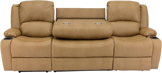 RecPro Charles 94" Powered Triple RV Wall Hugger Recliner Sofa with Drop Down Console, RV Furniture with Upgraded 2023 Suprima Leather Fabric Blend, Toffee