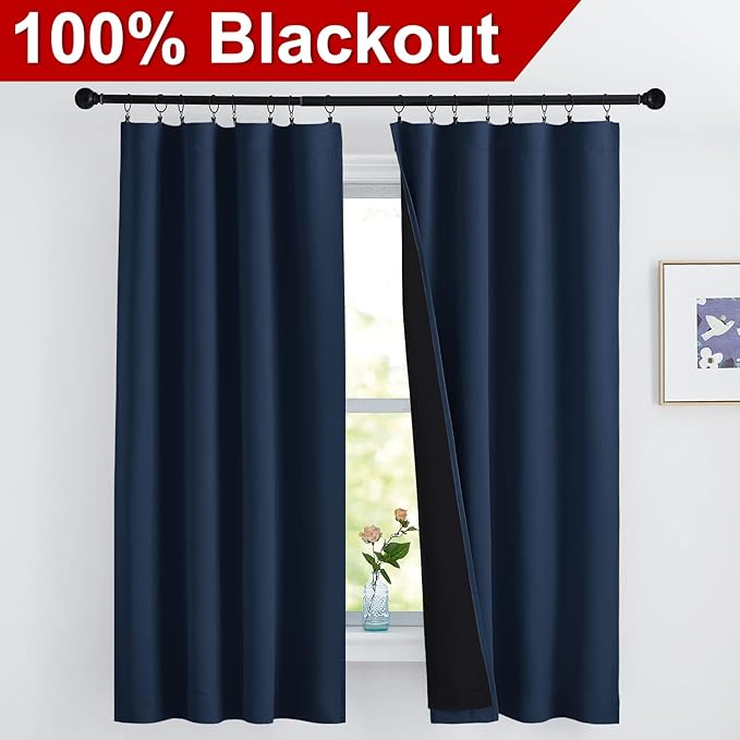NICETOWN 100% Blackout Curtains, Thermal Insulated Black Liner Panels for Nursery Room, Noise Reducing and Cold Blocking Drapes for Windows (Set of 2, Navy, 42 inches Wide by 63 inches Long)