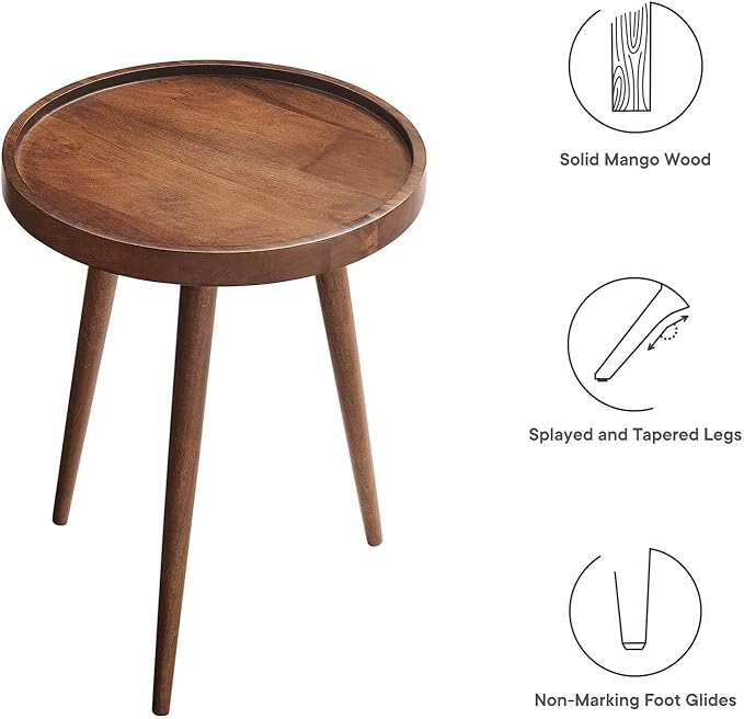 Modway Chiro Solid Wood Side Table in Walnut with Tray Top - Mid-Century Modern Round Accent Table - Small Bedside Table with Tapered Legs - Living Room End Table