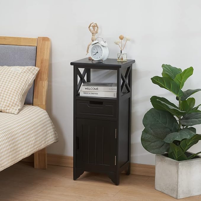 Assembled 30in Height Nightstand, Pre- Assembled Bathroom Floor Cabinet with Shelf and Storage Drawer, Black Tall End Table No Assembly Chest for Living Room Bedroom