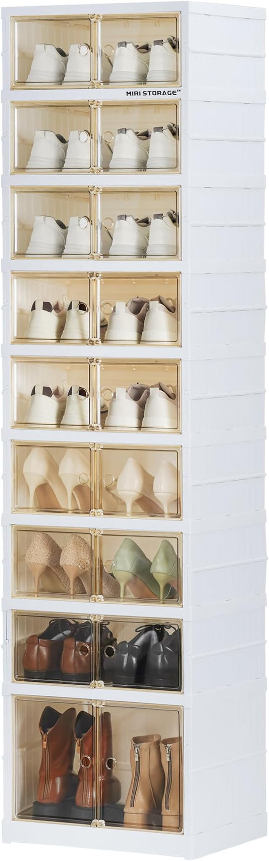 Easy Assembly 9 Tier Foldable Shoe Rack Organizer White Clear Plastic Portable Collapsible Shoe Organizer and Folding Shoe Storage Box and Cabinet with Door