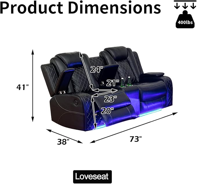 Power Leather Reclining Loveseat Sofa with LED Light,Double Recliner Sofa Love Seat with Storage Console/USB Port/Cup Holder,Leather Couch for Living Room Furniture Sets(2 Seats,Black)