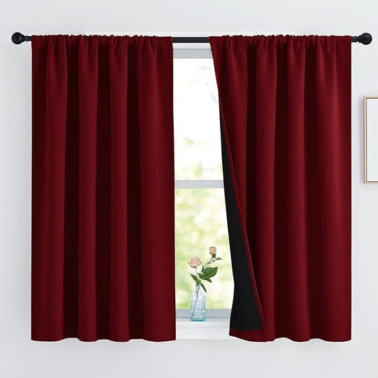 NICETOWN Kitchen Full Blackout Curtain Panels, Super Thick and Soft Insulated Window Covers, 100% Blackout Draperies with Black Backing for Cafe Window (Burgundy Red, Set of 2 PCs, 52 by 54-inch)